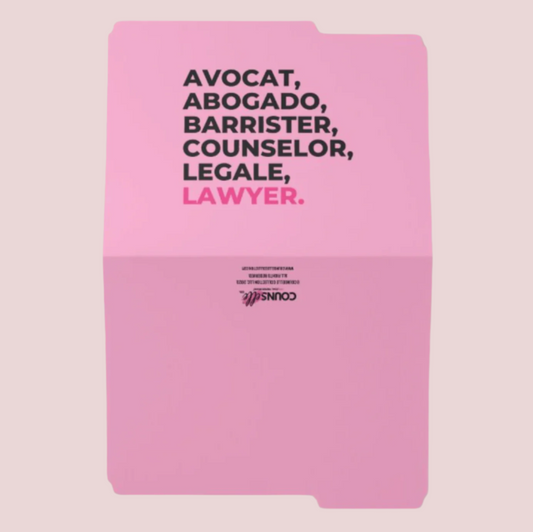 A pink file folder that showcases the word "LAWYER" translated into multiple languages in bold block font on the cover and the counselle collection logo on the back cover