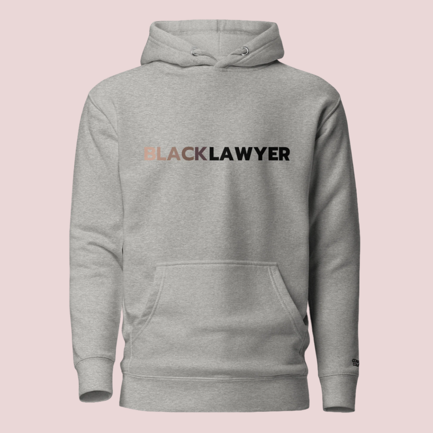 A grey hoodie with the words "Black Lawyer" on it.