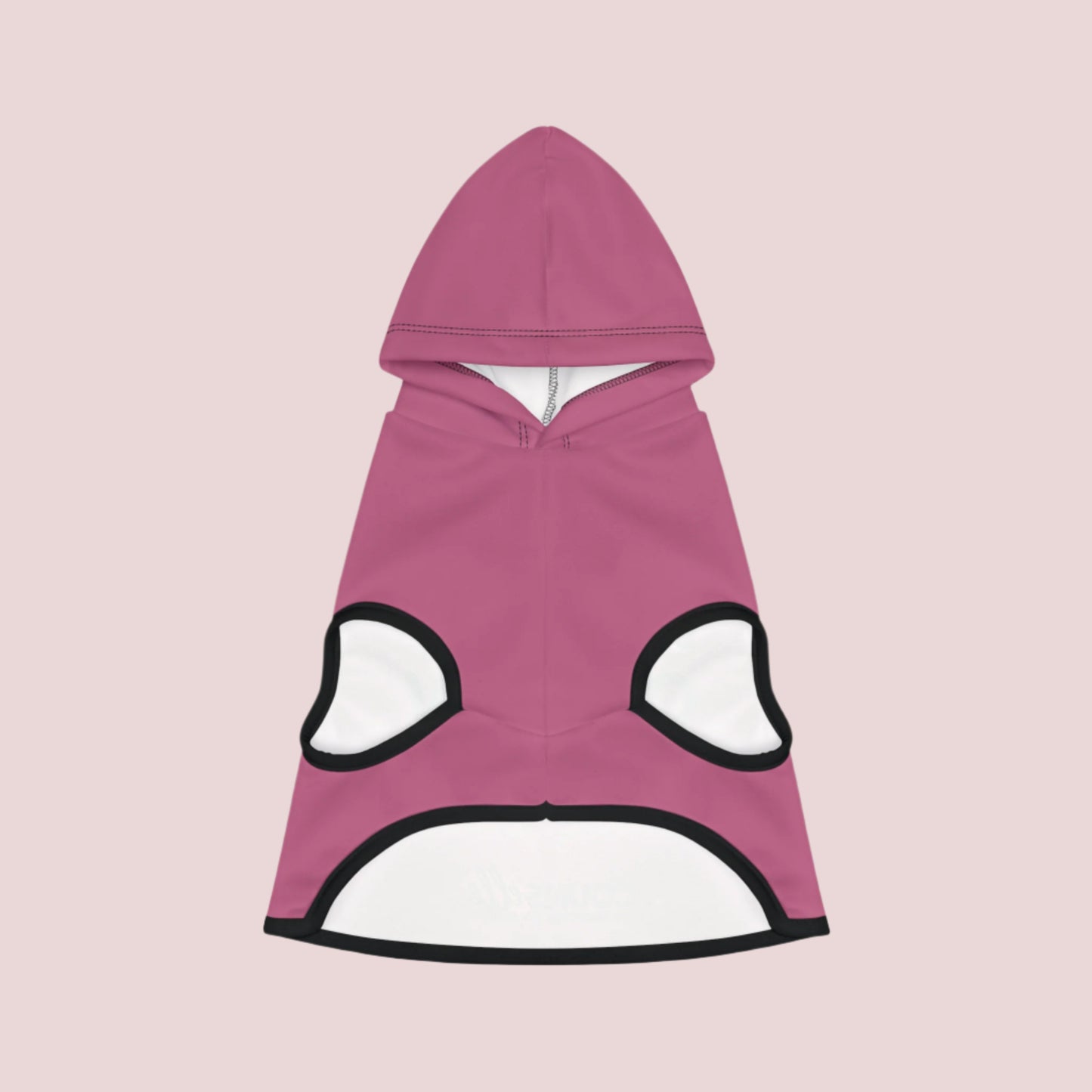 A pink pet hoodie with black cuffs and hem accents.