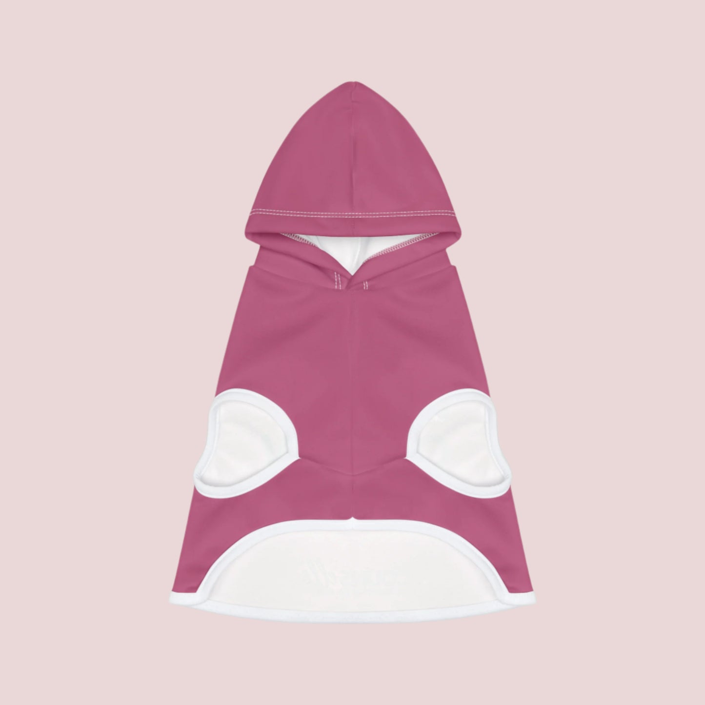 A pink pet hoodie with white cuffs and hem accents.