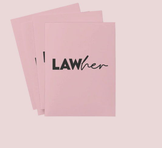 A pink file folder featuring the words "LAW" in black block text and "her" in script on the cover.