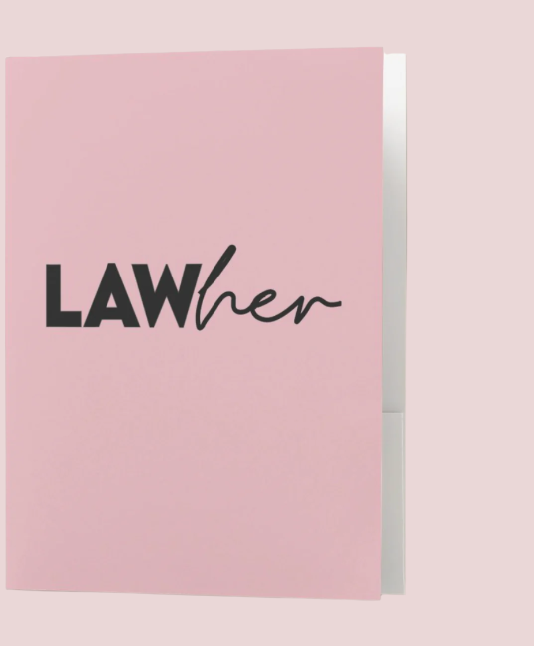 A pink file folder featuring the words "LAW" in black block text and "her" in script on the cover.