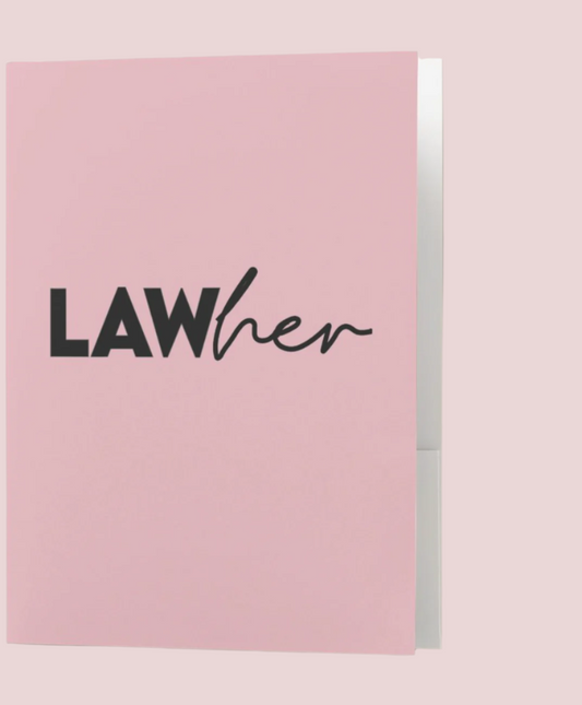 A pink file folder featuring the words "LAW" in black block text and "her" in script on the cover.