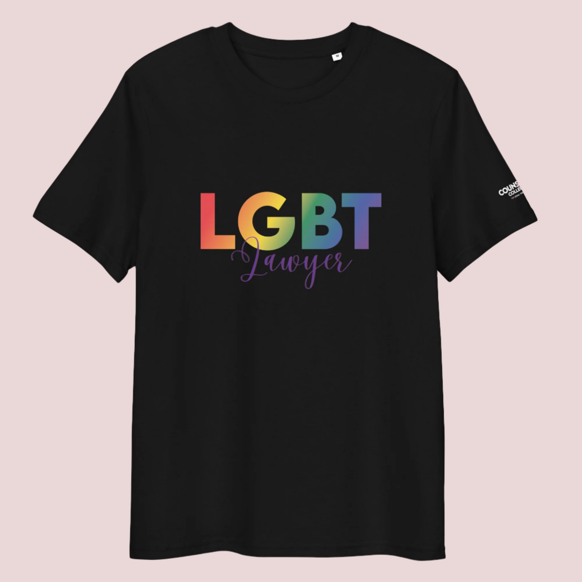 A black crewneck tee showing the text  "LGBT" in a rainbow-colored font and "Lawyer" in blue script, with the counsellecollection logo on the left sleeve.