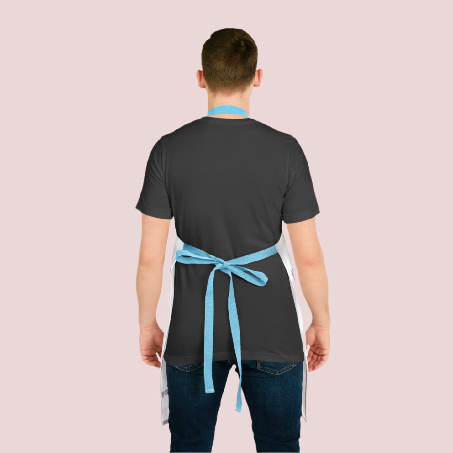 A model showing the back view of a white apron with blue straps.