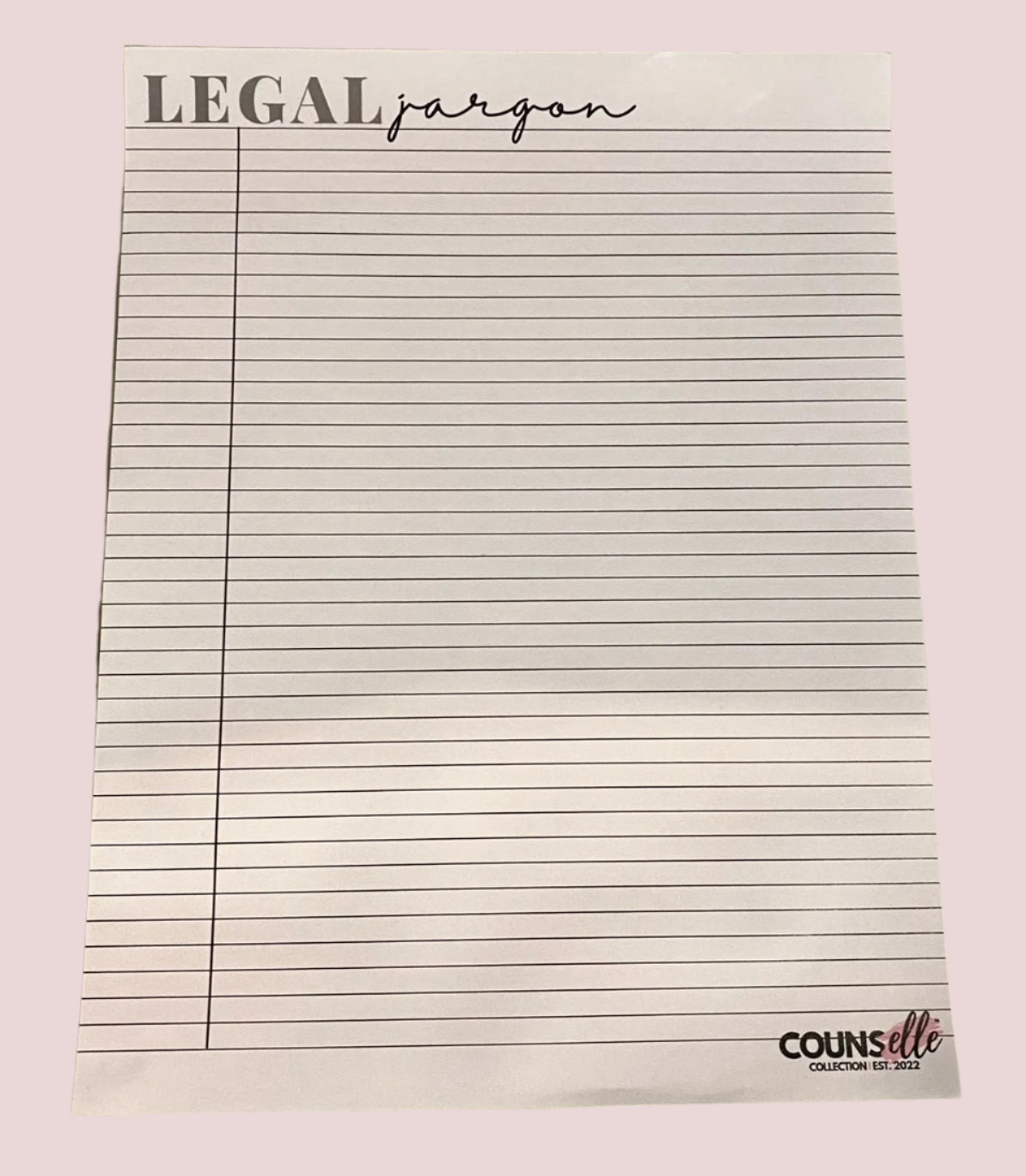 A legal-sized ruled pad with a left margin, the words "LEGAL" in uppercase font and "jargon" in lowercase script font are shown in the upper left corner, with the counsellecollection logo in the lower right corner.