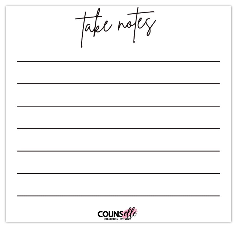 A square notepad with the text "Take Notes" written in script font on the center top part area. Underneath are 7 black lines across, with the counsellecollection logo at the center bottom part of the notepad.