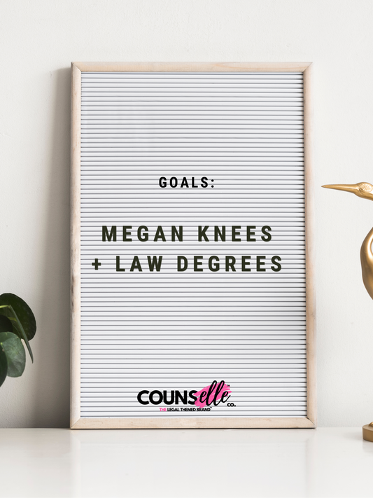 A minimalist poster featuring the text "GOALS: MEGAN KNEES AND LAW DEGREES" in bold sans serif font, set against a clean white ruled paper background. Perfect for law students and Megan Thee Stallion fans.