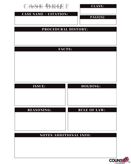 Printable Case Brief Template designed for law students, featuring all key sections to simplify case briefing and stay organized. Available in pink and black.