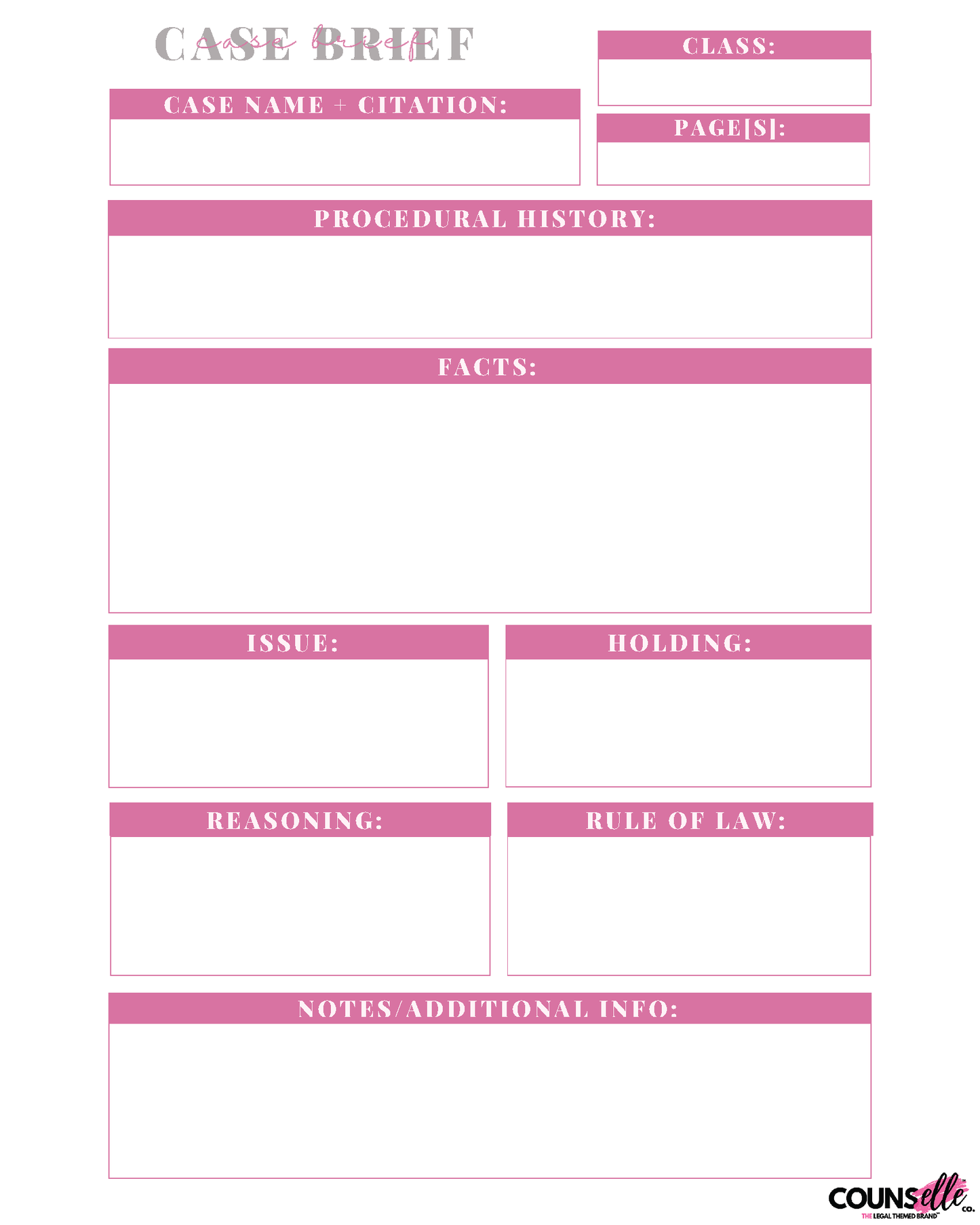Printable Case Brief Template designed for law students, featuring all key sections to simplify case briefing and stay organized. Available in pink and black