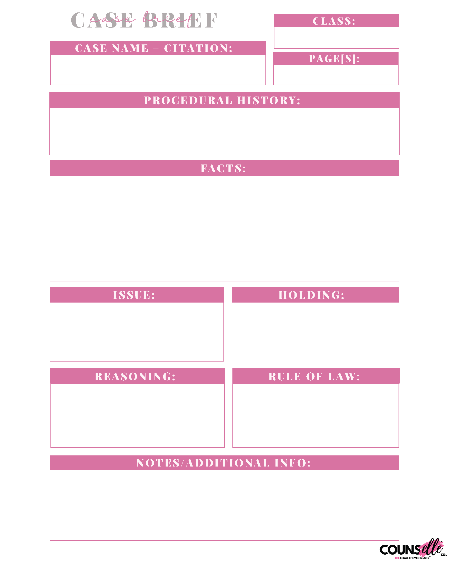 Printable Case Brief Template designed for law students, featuring all key sections to simplify case briefing and stay organized. Available in pink and black