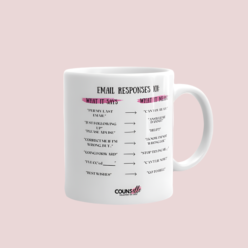 A white ceramic mug featuring a two-column design: "What it says" vs. "What it means" with witty responses to emails we’ve all thought (but hopefully never said out loud).