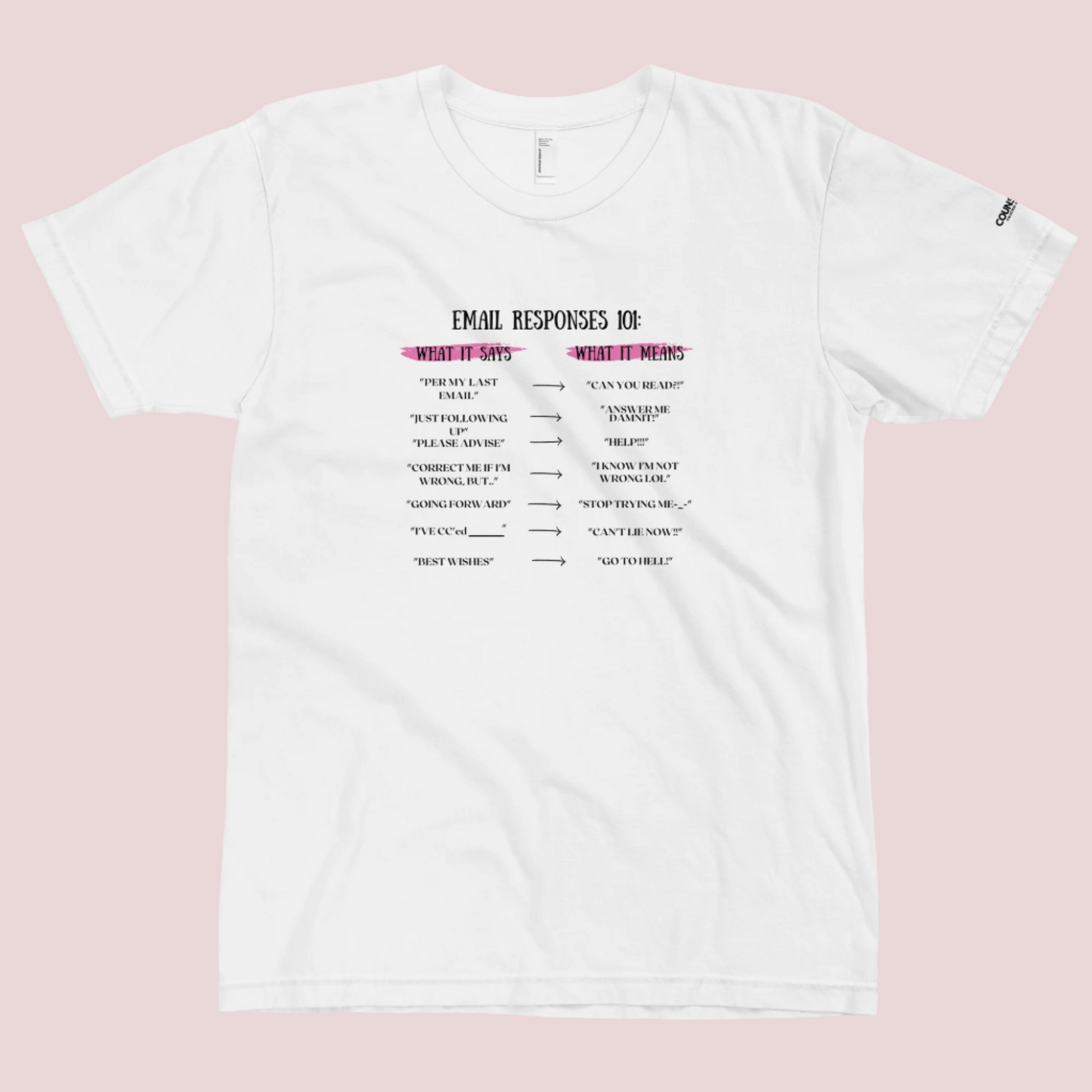 A white roundneck tee featuring a hilarious two-column design: "What it says" vs. "What it means" with witty responses to emails we’ve all thought (but hopefully never said out loud).; with the counsellecollection logo on the left sleeve