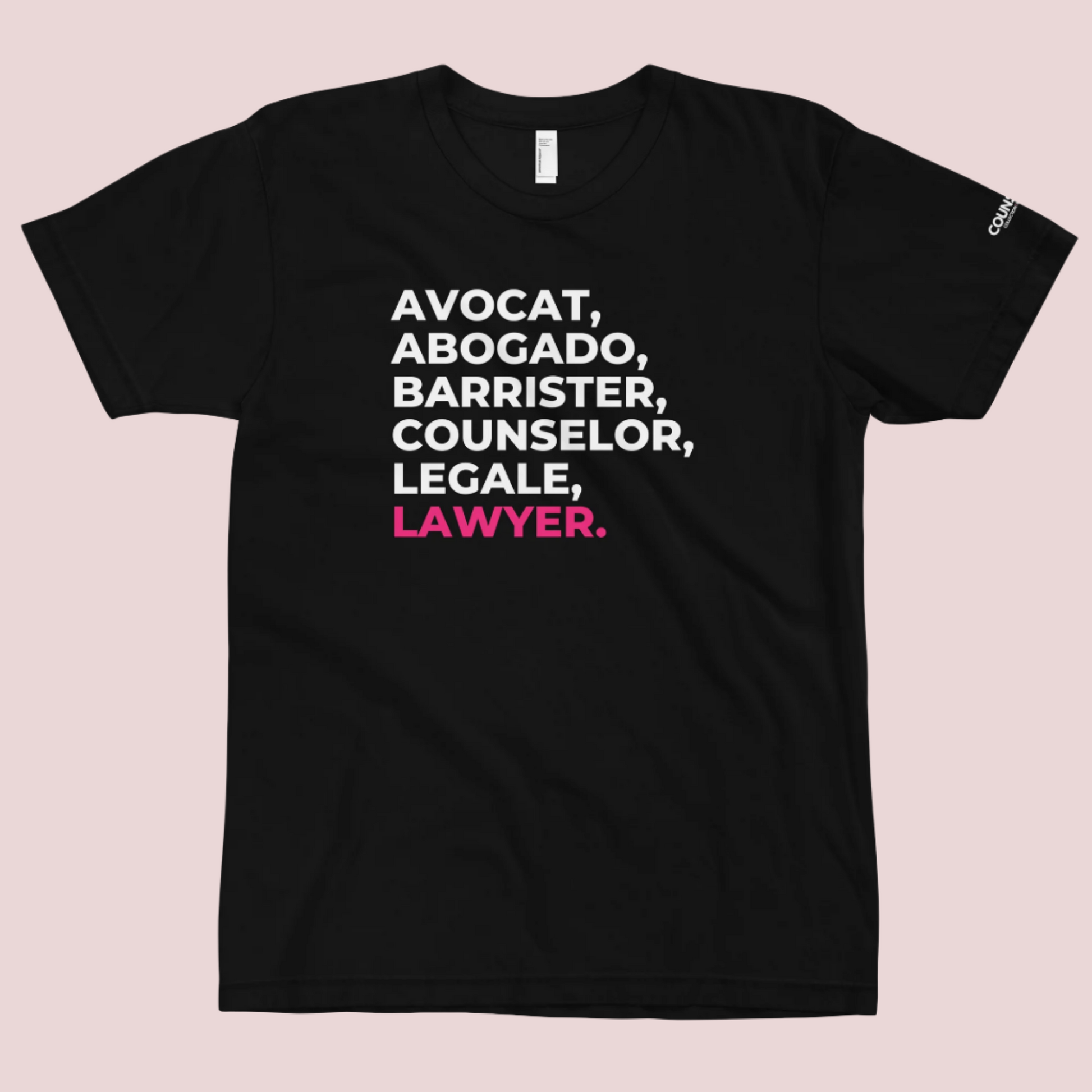 A black, short sleeved tee with the word "LAWYER" translated into multiple languages.