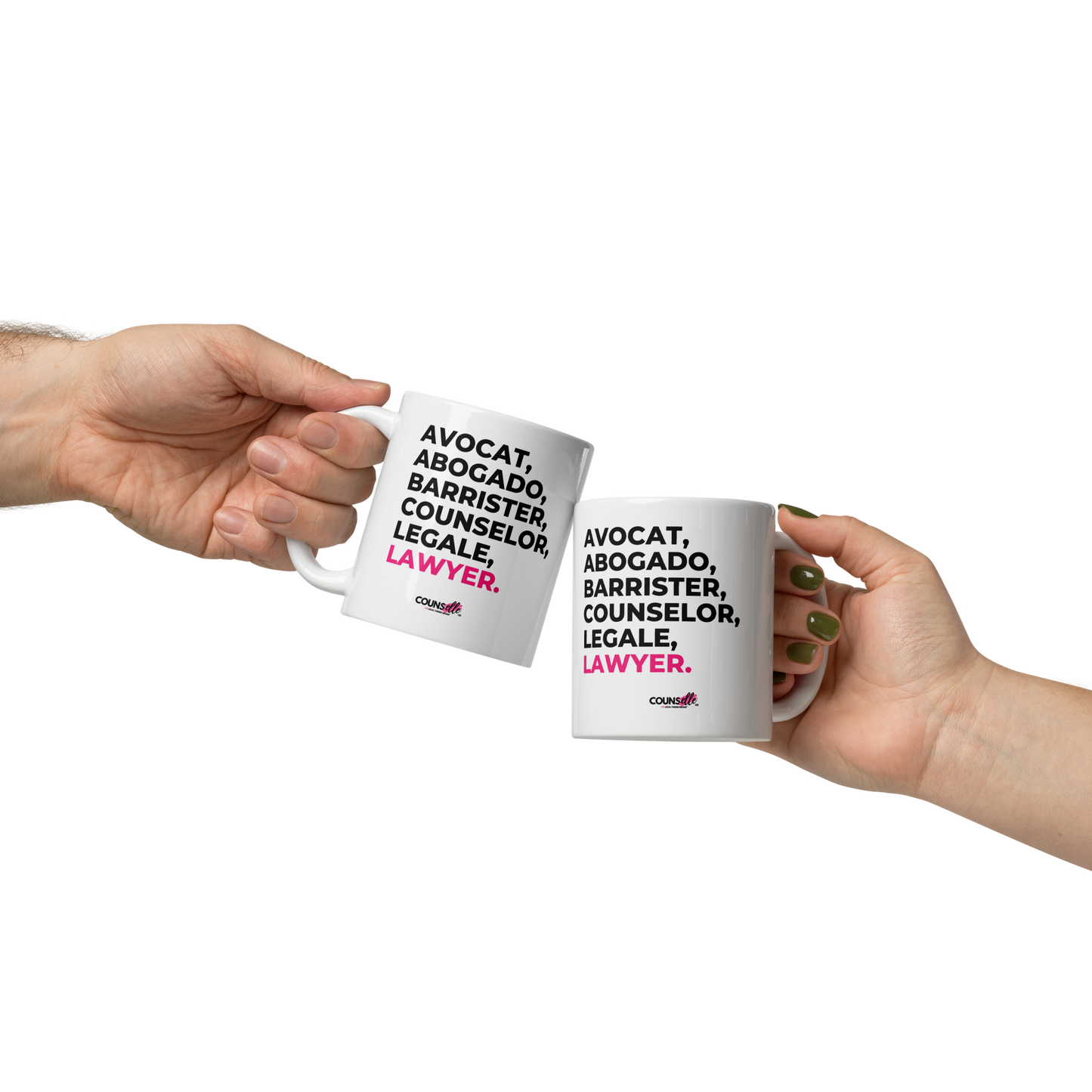 two people holding a white mug with the text "avocat", "abogado", "barrister", "counselor", "legale", and "lawyer" on the front. Counselle Collection® logo under text.