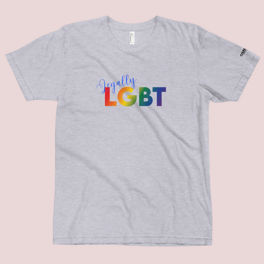 A heather grey crewneck tee featuring the text "Legally" in blue script and "LGBT" in a rainbow-colored font with the counsellecollection logo on the left sleeve.