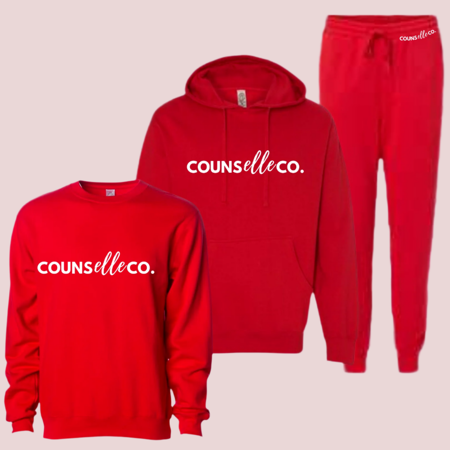 A red three-piece set of a long-sleeved shirt, hoodie, and sweatpants showing the text "counselleco" in white font.