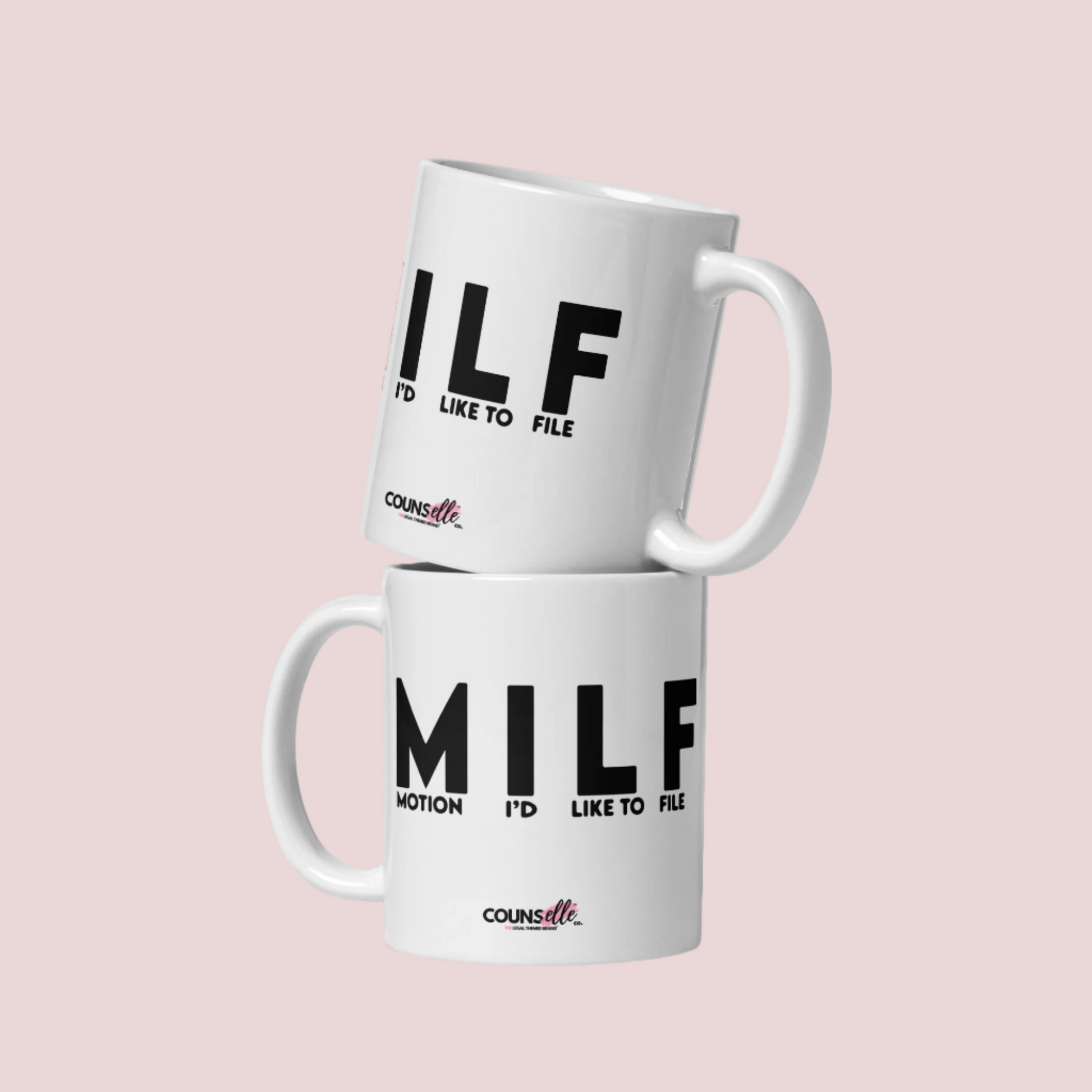 Two white mugs stacked on top of each other, with the letters "MILF" and the words "MOTION I'D LIKE TO FILE" in black uppercase font and the counsellecollection logo at the bottom of the mugs.