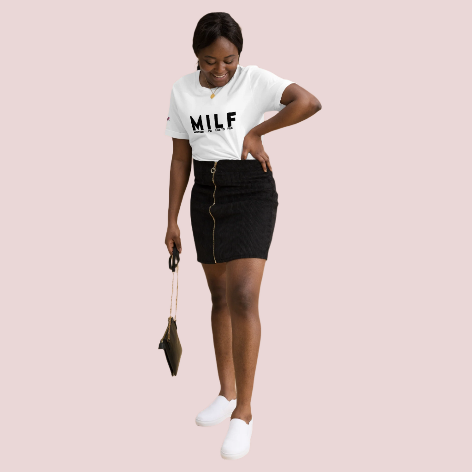A white round-neck tee with the letters "MILF" and the words "MOTION I'D LIKE TO FILE" in black uppercase font and the counsellecollection logo on the right sleeve