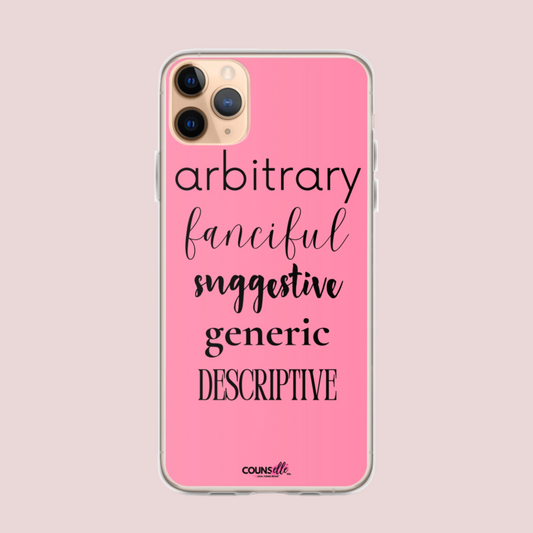 A pink phone case featuring the words "arbitrary", "fanciful", "suggestive", "generic", and "descriptive" in different font styles, with the counsellecollection logo at the bottom.