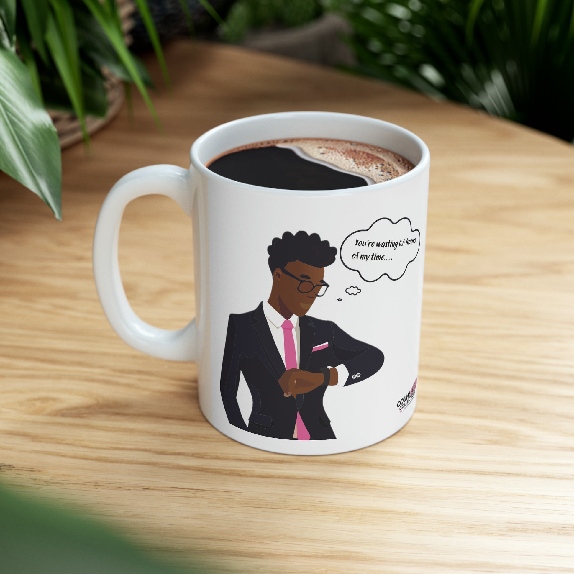 Ceramic mug featuring a lawyer checking their watch. "The 'Billable Hours' Mug by The Counselle Collection.  A humorous gift for lawyers, law students, and anyone who appreciates the dedication to billable hours.