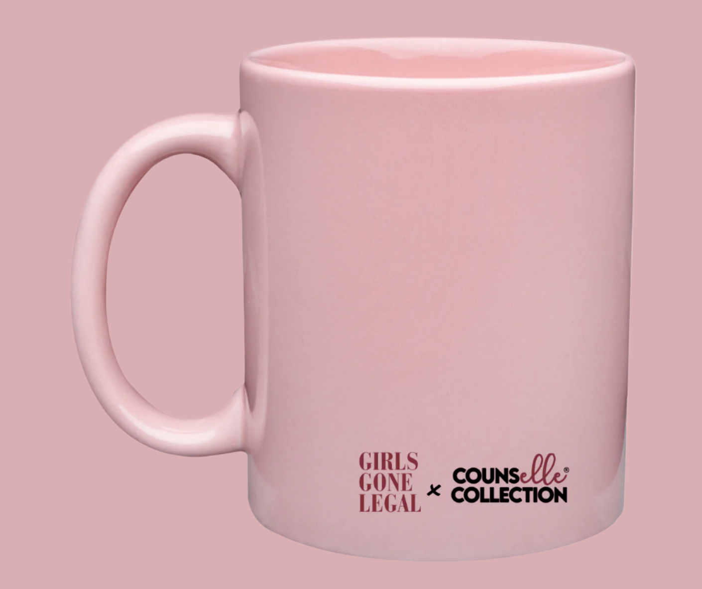 a pink ceramic mug with two logos for girls gone legal and counselle collection®