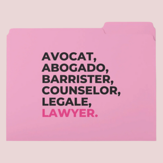 A pink file folder with tabs and features the word "LAWYER" translated into multiple languages in bold block font on the cover. 
