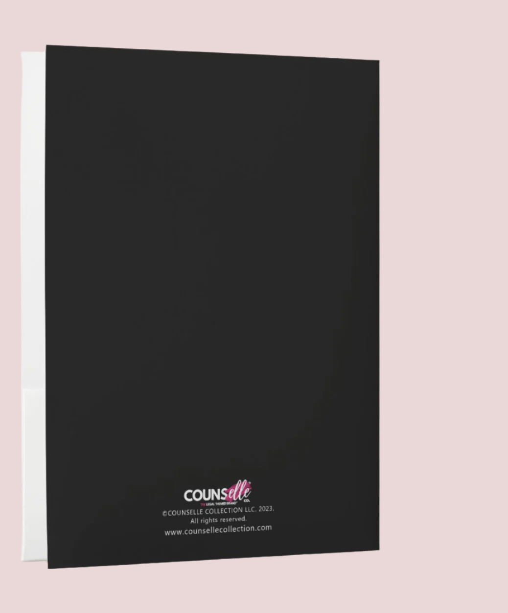 Back cover of a folder / report cover with the phrase "I can’t talk right now, I’m doing Law school sh*t" on the cover and the counseled collection logo at the back. Also available in pink.