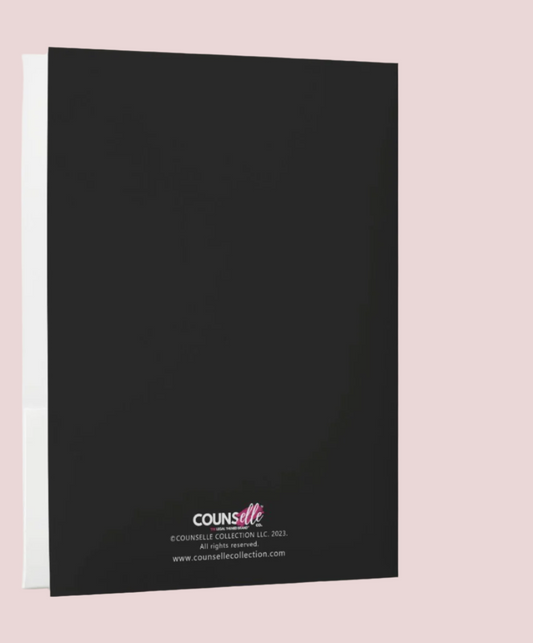 Back cover of a folder / report cover with the phrase "I can’t talk right now, I’m doing Law school sh*t" on the cover and the counseled collection logo at the back. Also available in pink.