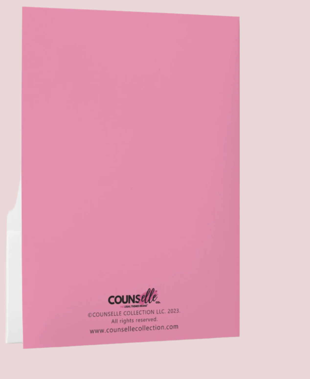 Back cover of a pink folder / report cover with the phrase "I can’t talk right now, I’m doing Law school sh*t" on the cover and the counsellecollection logo at the back. Also available in Black.