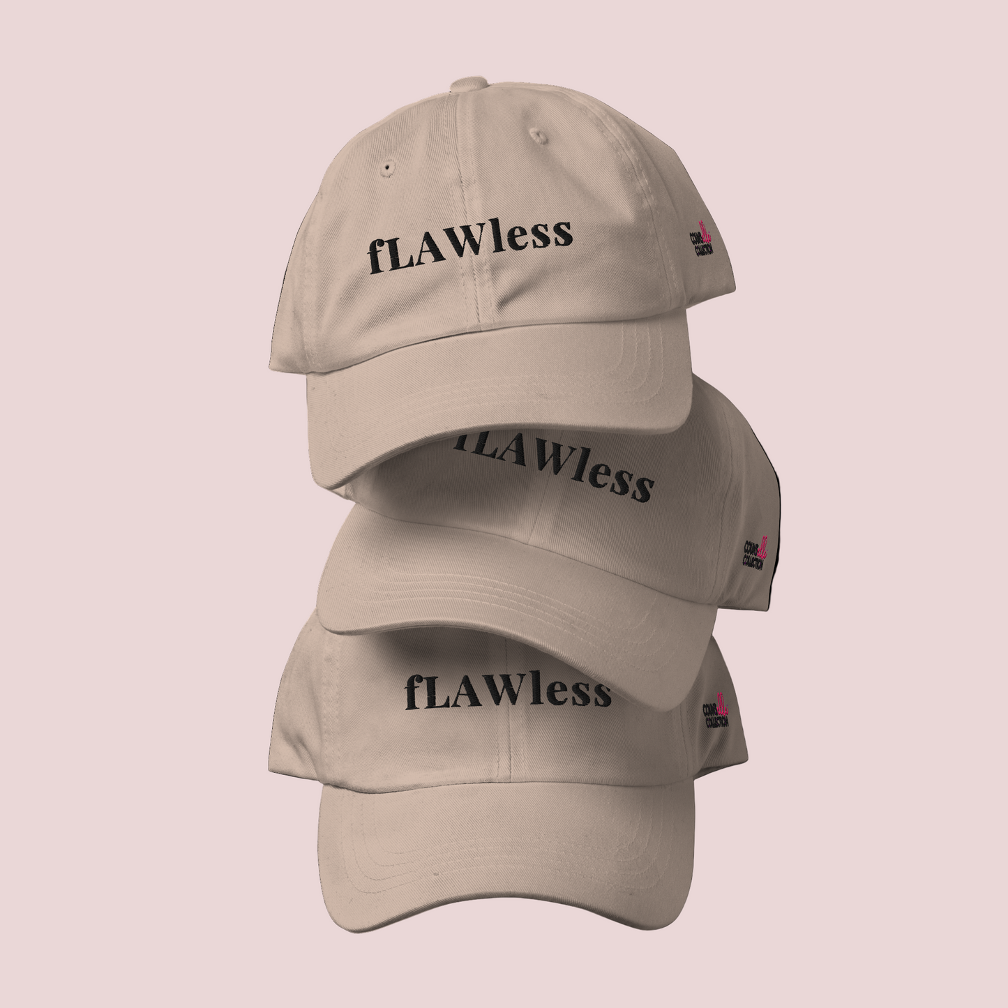 Three light beige caps stacked on top of one another, each featuring the word "fLAWless" in black text