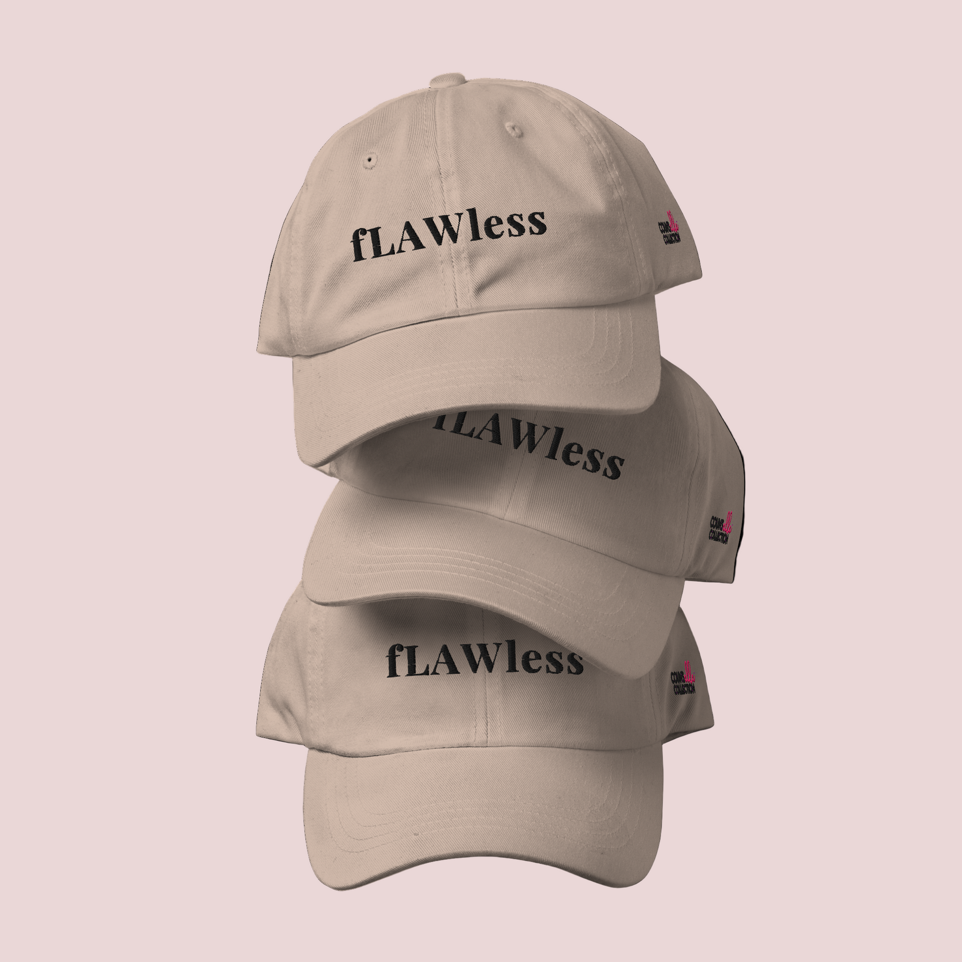 Three light beige caps stacked on top of one another, each featuring the word "fLAWless" in black text