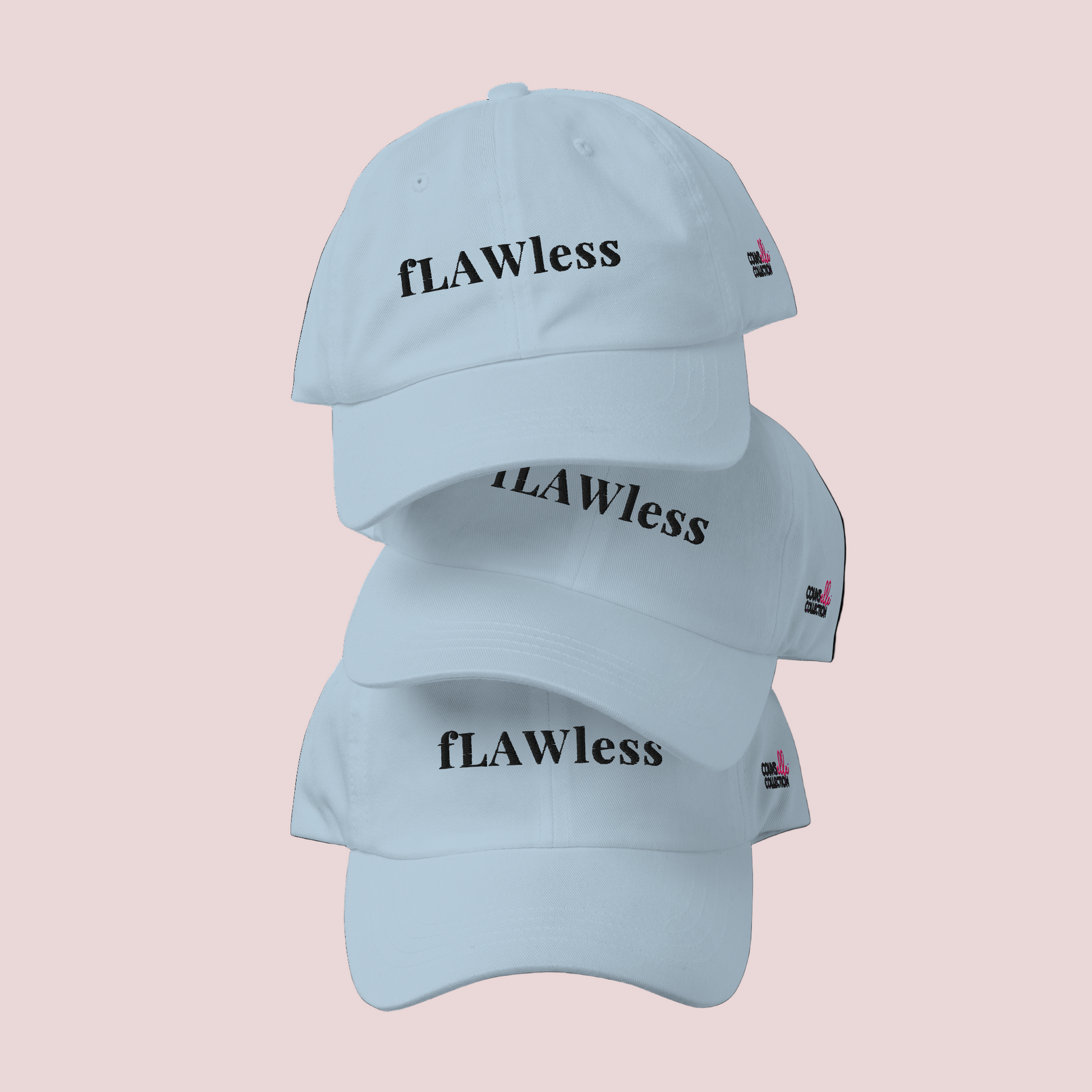 Three light blue caps stacked on top of one another, each featuring the word "fLAWless" in black text