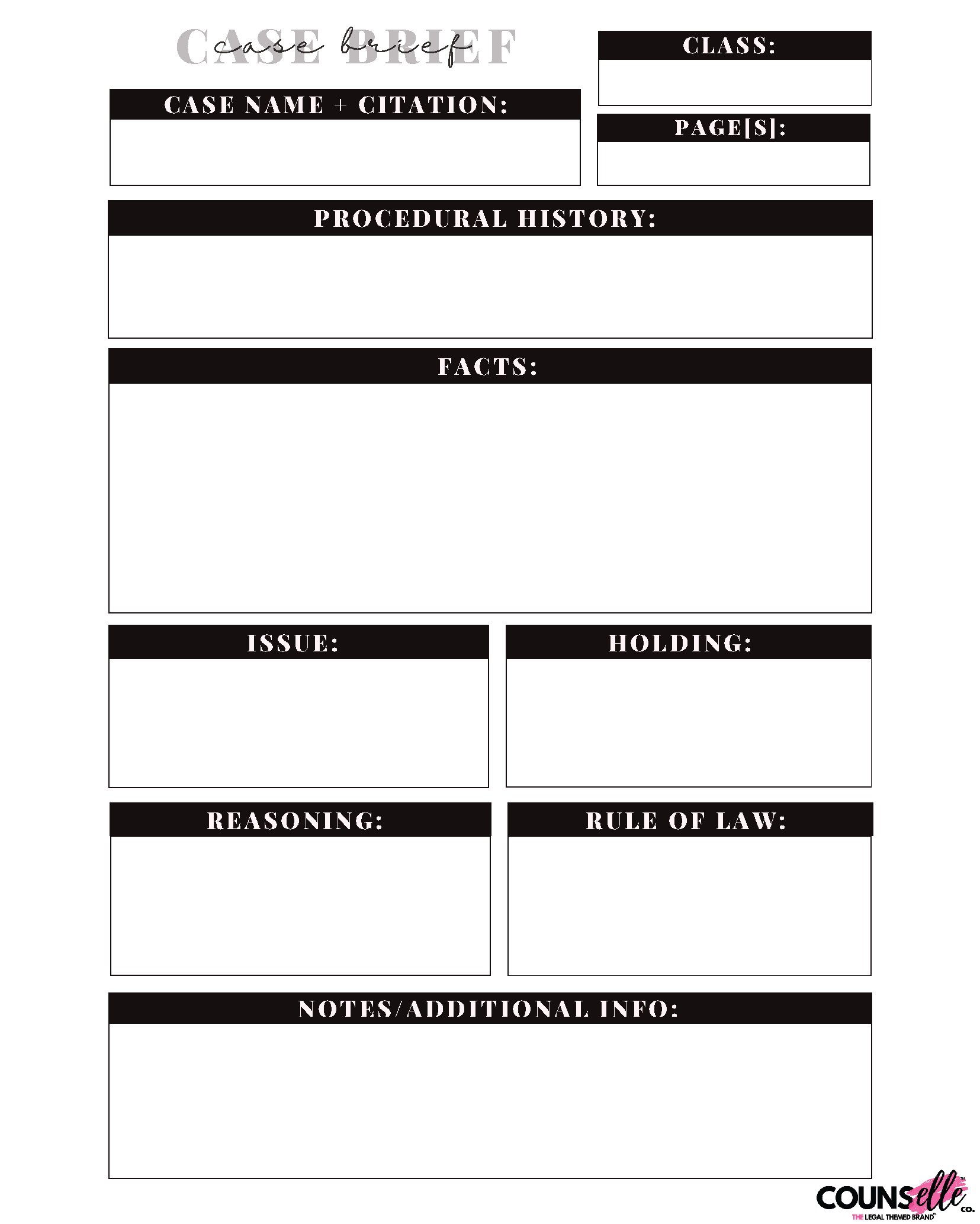 Printable Case Brief Template designed for law students, featuring all key sections to simplify case briefing and stay organized. Available in pink and black.