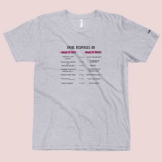A grey roundneck tee featuring a hilarious two-column design: "What it says" vs. "What it means" with witty responses to emails we’ve all thought (but hopefully never said out loud). ; with the counsellecollection logo on the left sleeve
