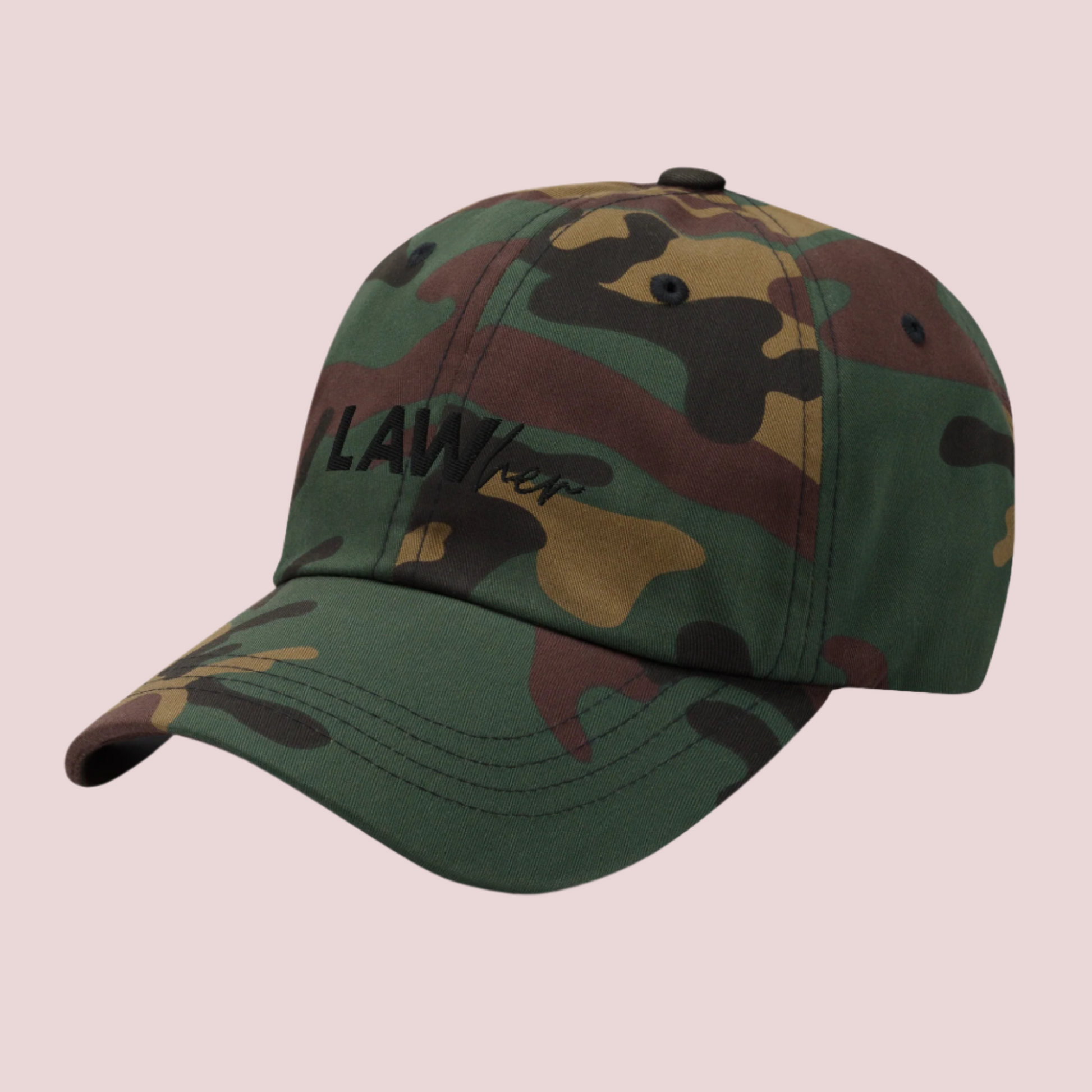 A camo print baseball hat featuring the text "LAWher" in black font.