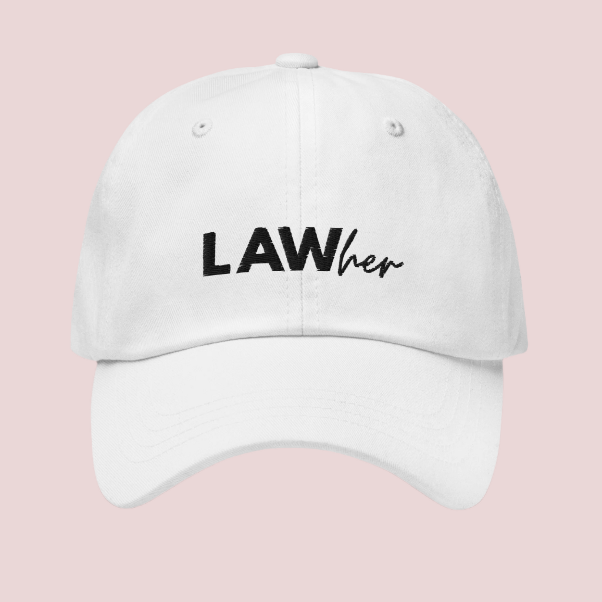 A white baseball hat featuring the text "LAWher" in black font.