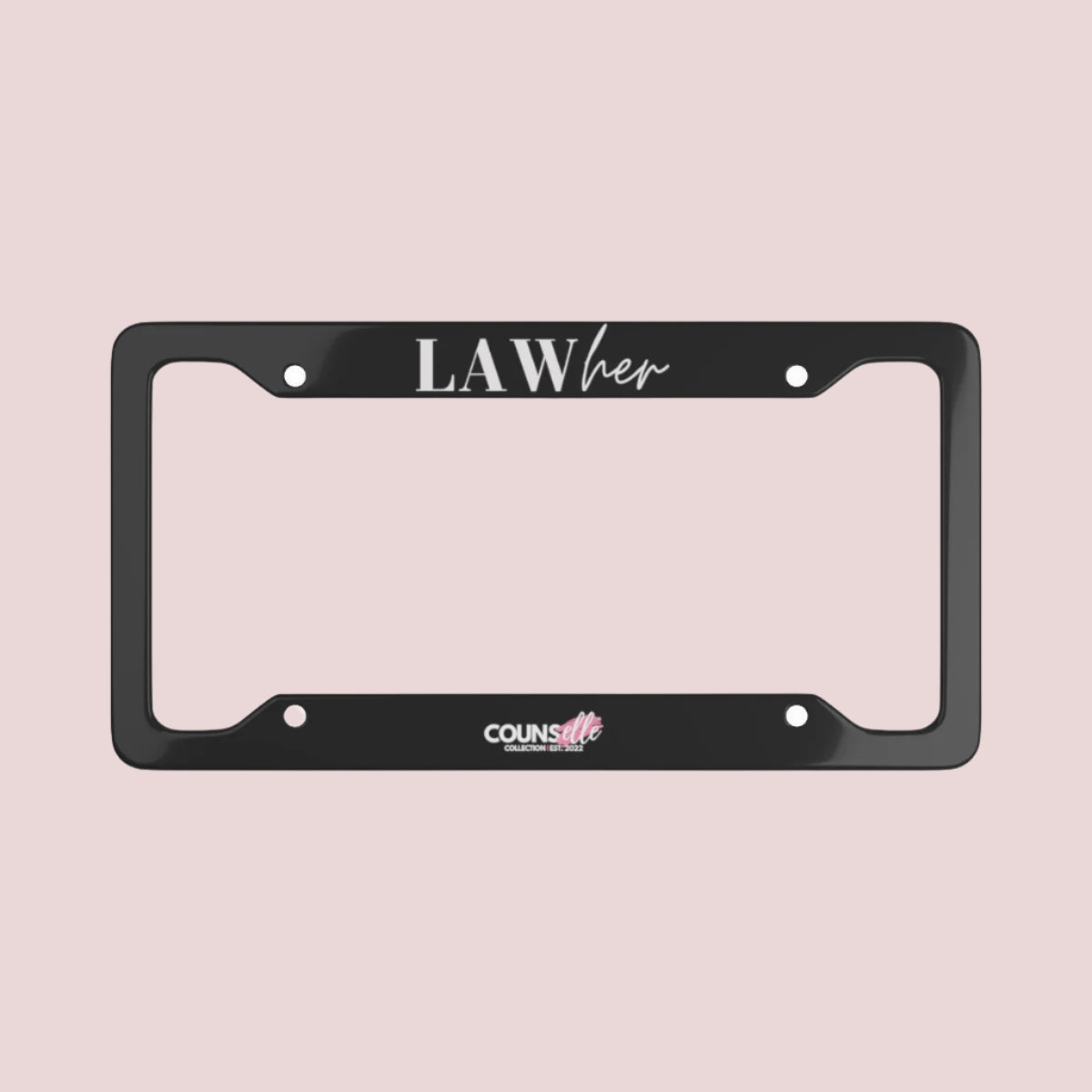 A black license plate frame showing the text "LAWher" at the top part and the counsellecollection logo at the bottom of the design.