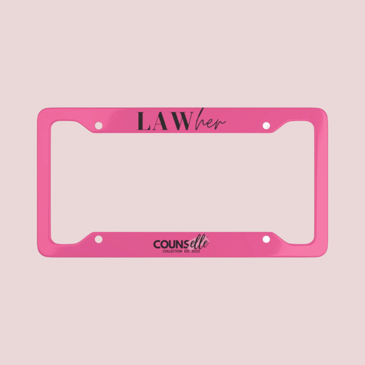 A pink license plate frame showing the text "LAWher" at the top part and the counsellecollection logo at the bottom of the design.