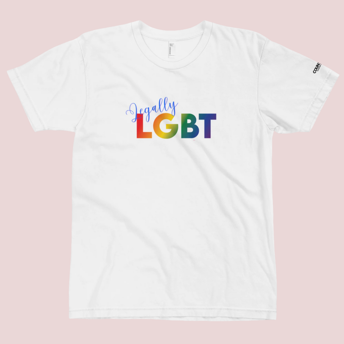 A white crewneck tee featuring the text "Legally" in blue script and "LGBT" in a rainbow-colored font with the counsellecollection logo on the left sleeve.