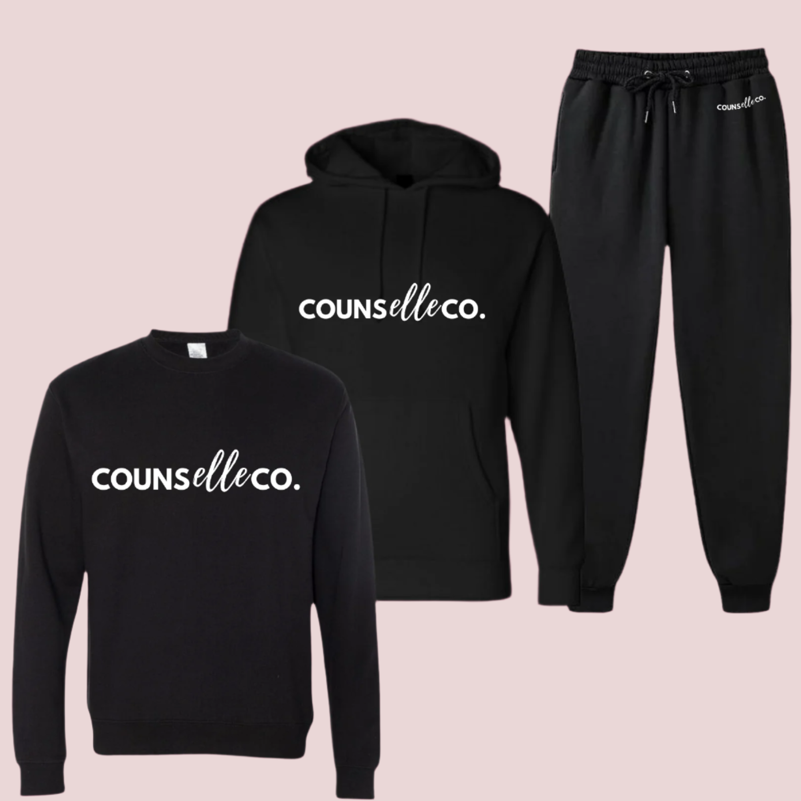  A black three-piece set of a long-sleeved shirt, hoodie, and sweatpants showing the text "counselleco" in white font.
