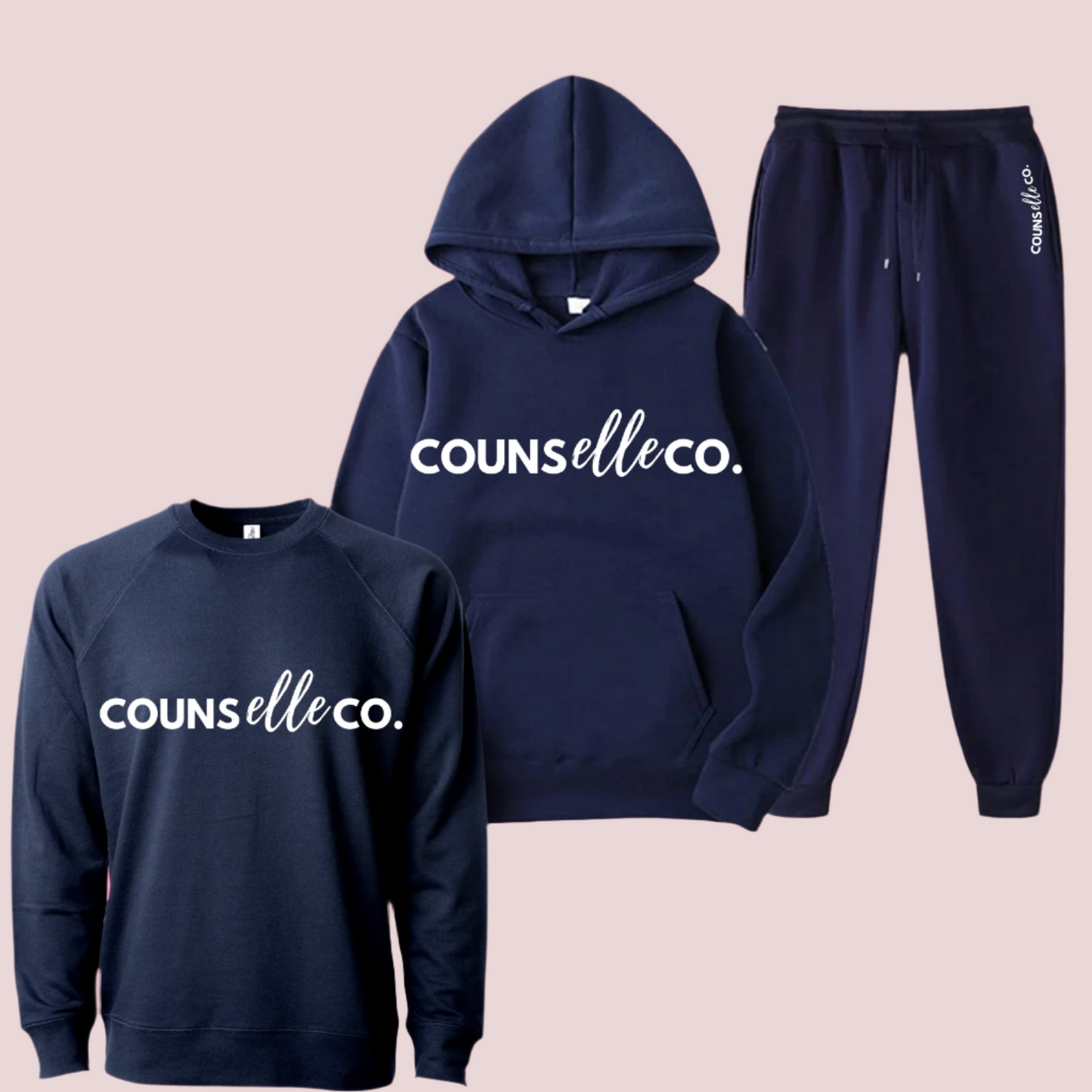 A navy blue three-piece set of a long-sleeved shirt, hoodie, and sweatpants showing the text "counselleco" in black font.