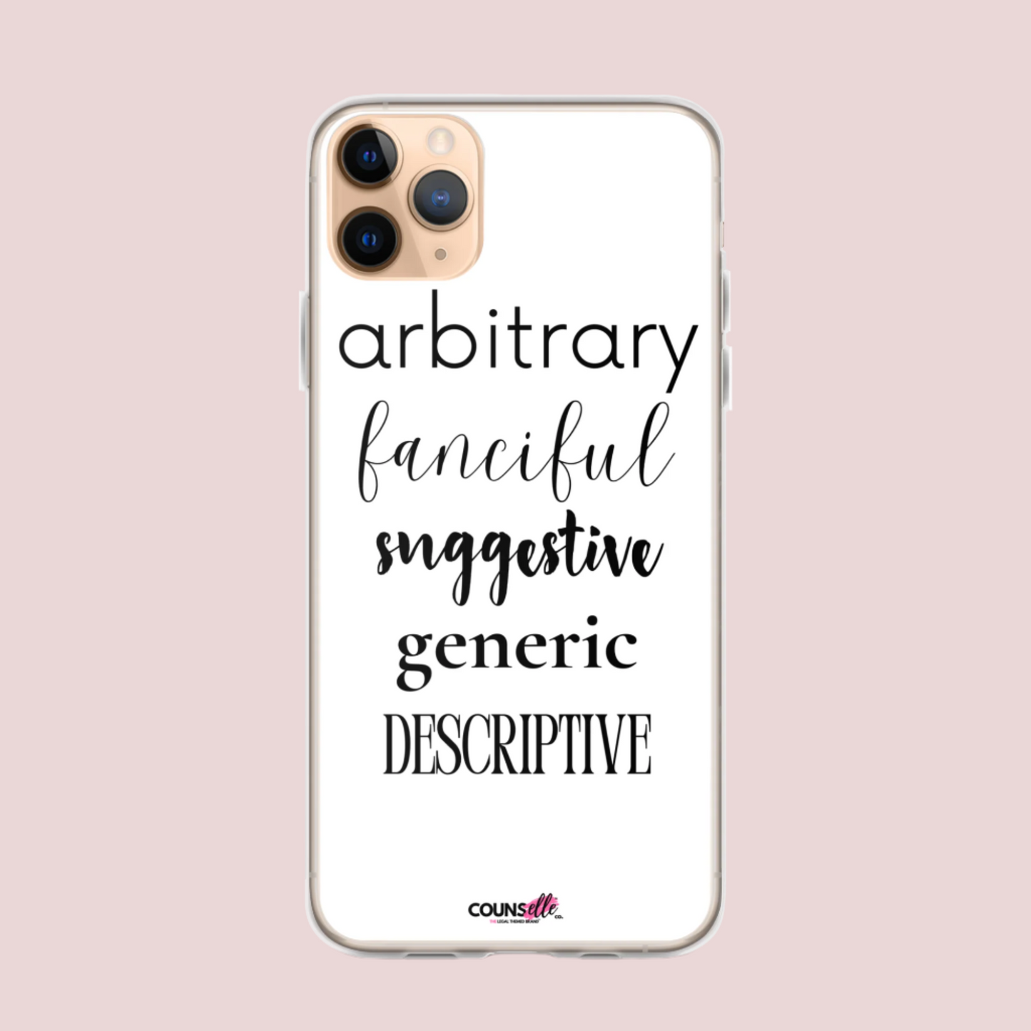 A white phone case featuring the words "arbitrary", "fanciful", "suggestive", "generic", and "descriptive" in different font styles, with the counsellecollection logo at the bottom.