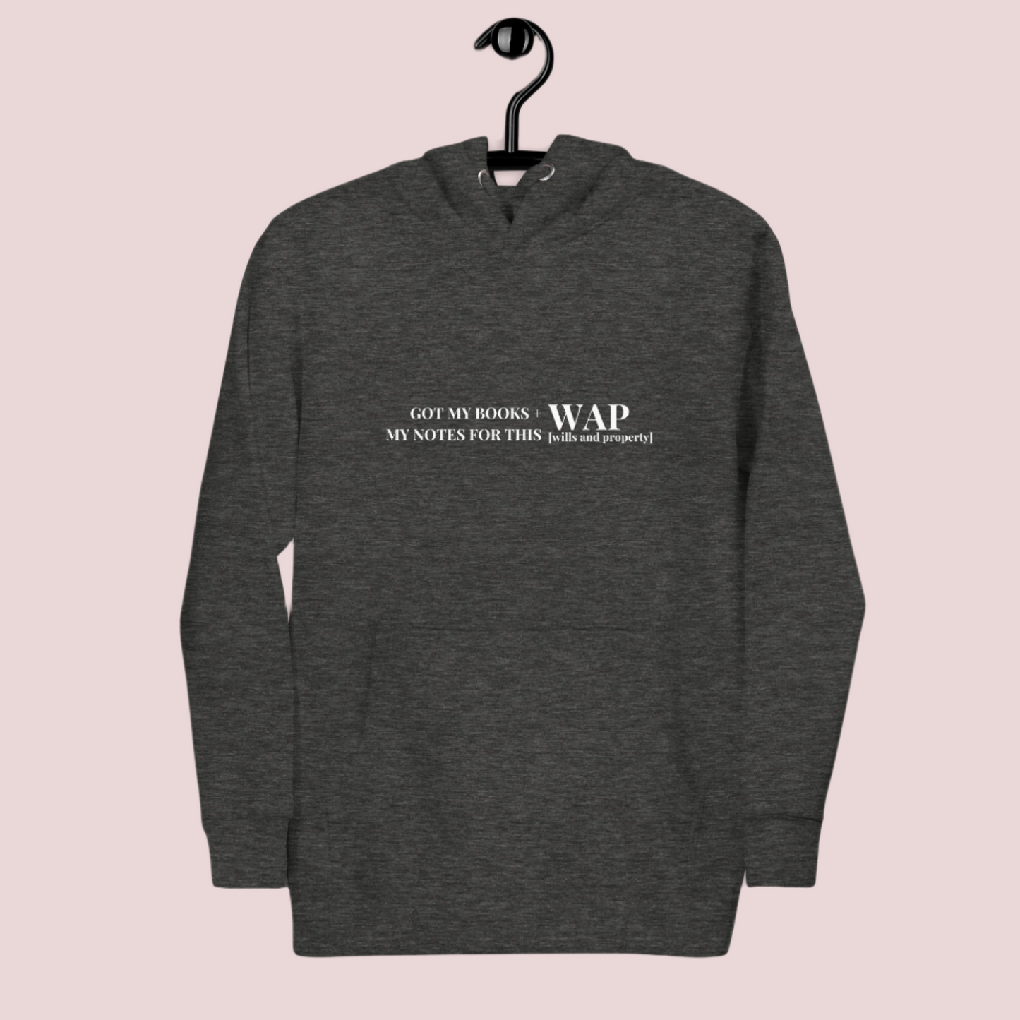 A charcoal heather hoodie featuring the text " GOT MY BOOKS + MY NOTES FOR THIS WAP" in block text and the phrase "wills and property" in brackets underneath WAP