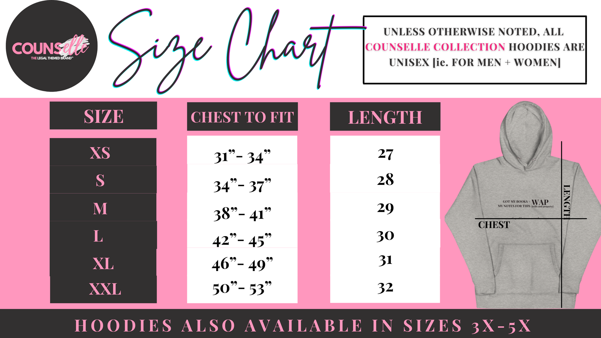 The "stuDYING" Hoodie Size Chart