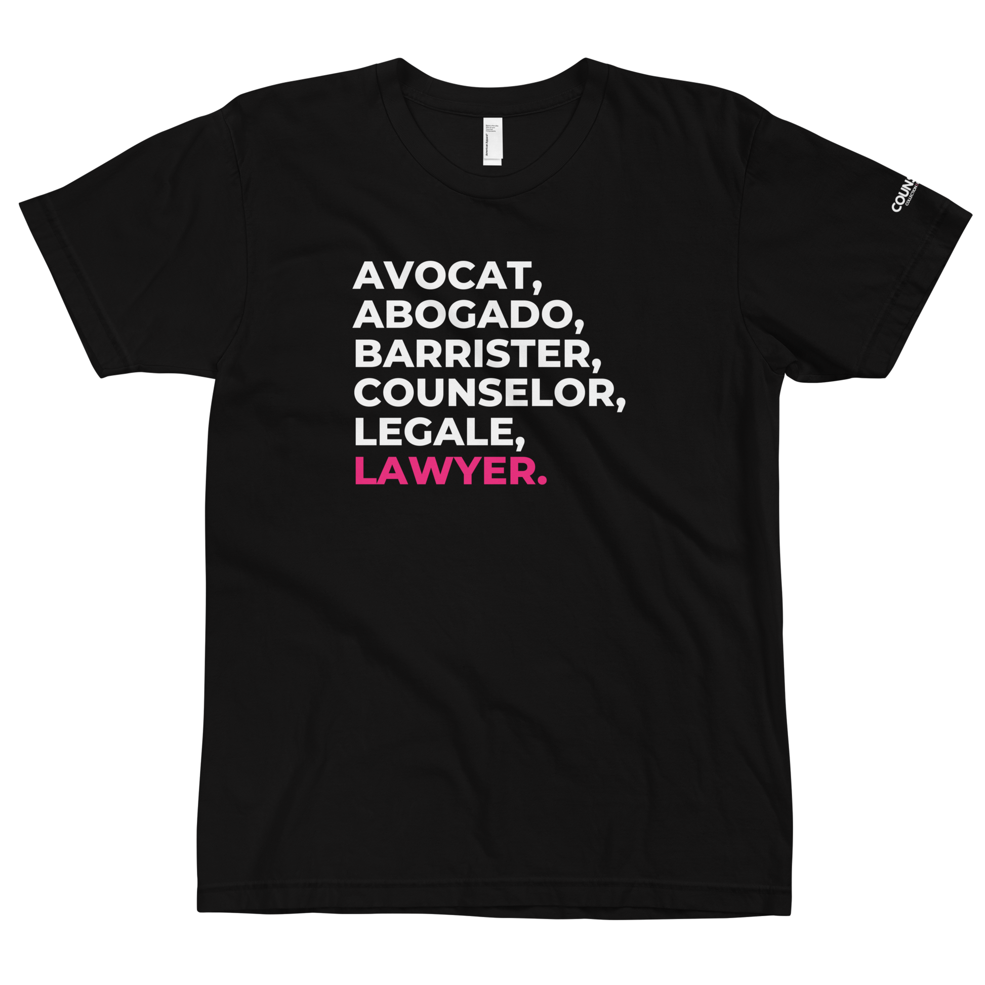 Lawyer Tee by THE COUNSELLE COLLECTION - Jersey t-shirt featuring various translations of the word "LAWYER."