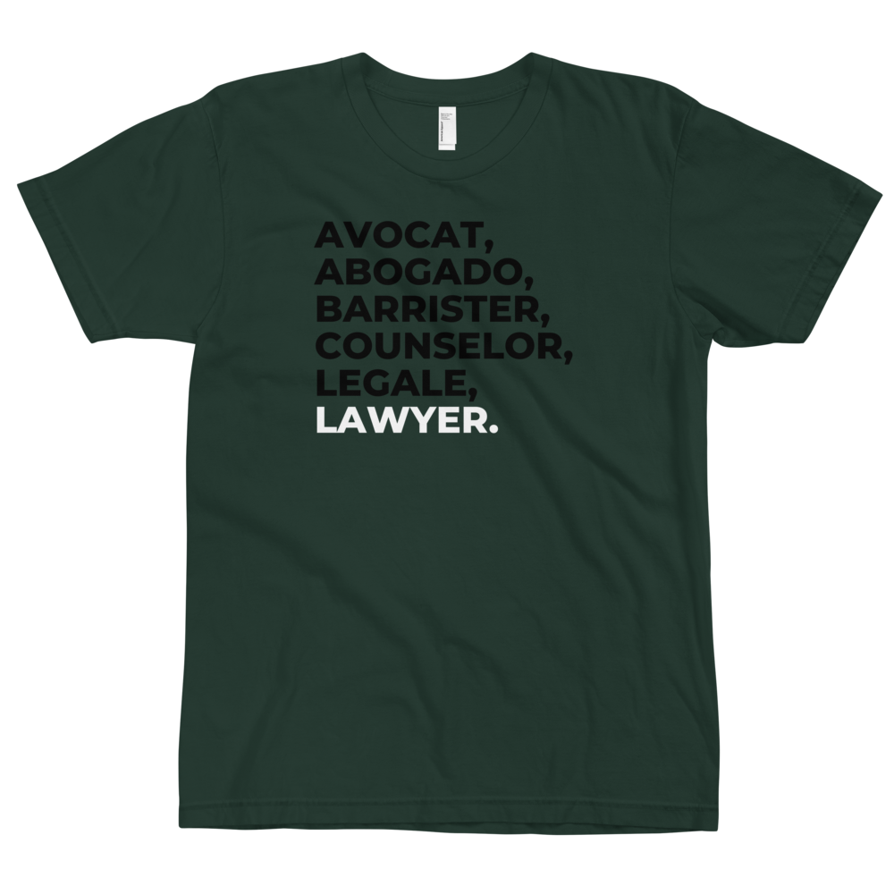 Lawyer Tee by THE COUNSELLE COLLECTION - Jersey t-shirt featuring various translations of the word "LAWYER."