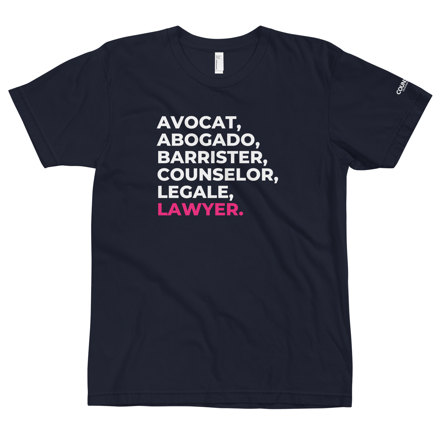 Lawyer Tee by THE COUNSELLE COLLECTION - Jersey t-shirt featuring various translations of the word "LAWYER."