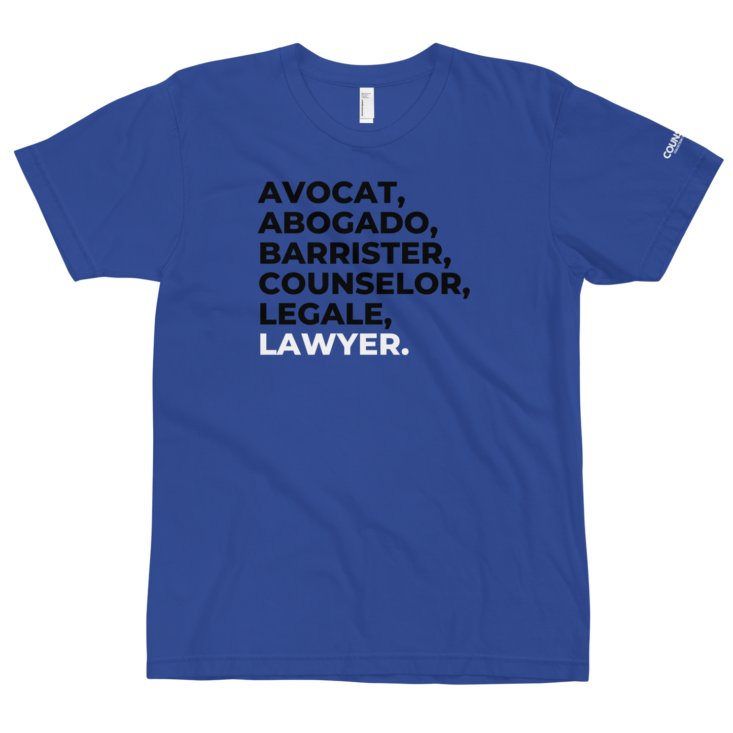 Lawyer Tee by THE COUNSELLE COLLECTION - Jersey t-shirt featuring various translations of the word "LAWYER."