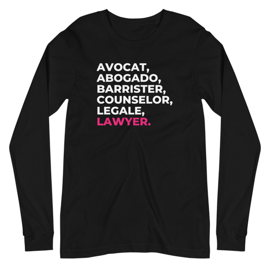 Lawyer Tee by THE COUNSELLE COLLECTION - Jersey t-shirt featuring various translations of the word "LAWYER."